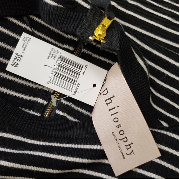 Philosophy black & cream striped stretch sweater, 3/4 sleeves, exposed back zip - Picture 7 of 7